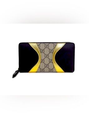 Gucci Black, Gold and Beige GG Zip-Around Wallet